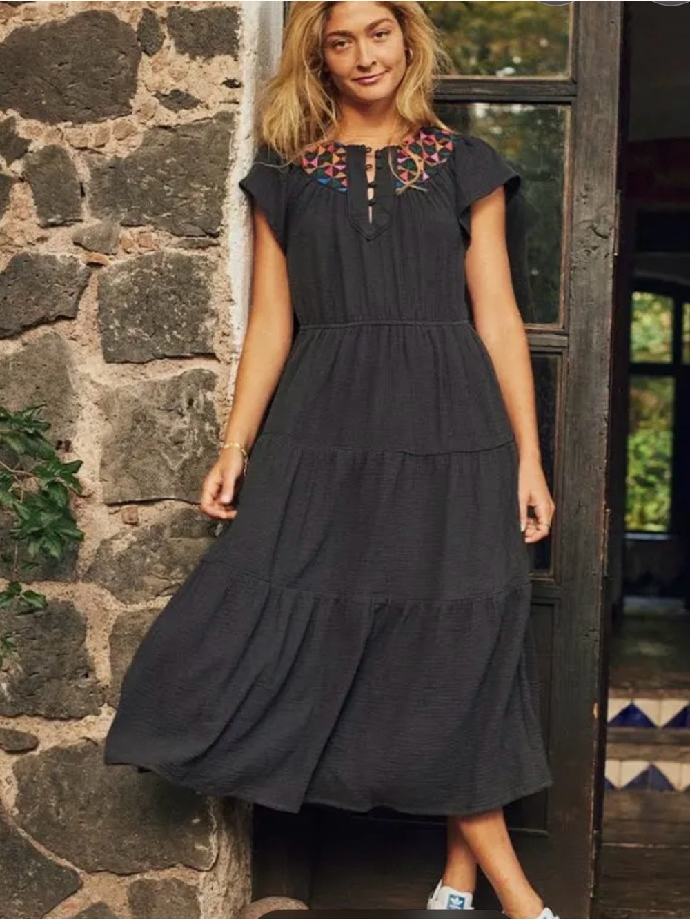 Marine Layer Black Maxi Dress with Multicolor Embroidered Yoke